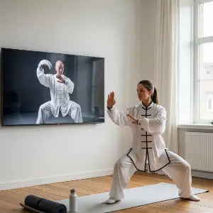 Student comfortably learning an online Tai Chi course on a phone and TV at home