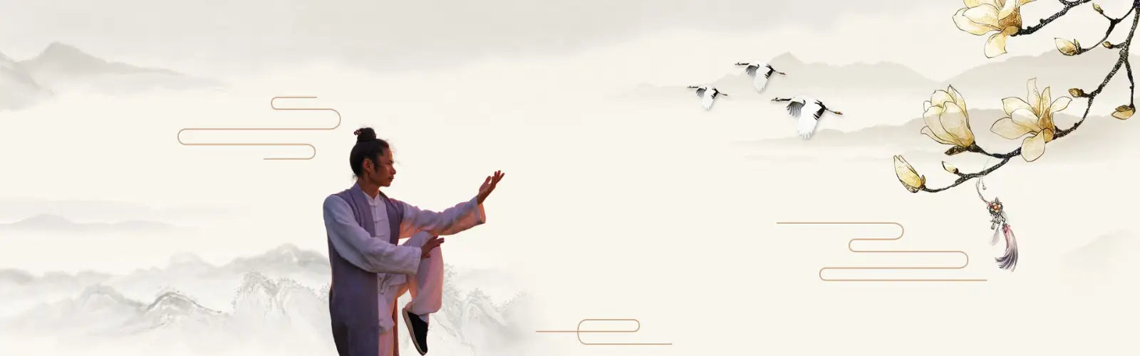 Homepage banner featuring a Tai Chi practitioner and the slogan "Start with Tai Chi, Benefit for Life.